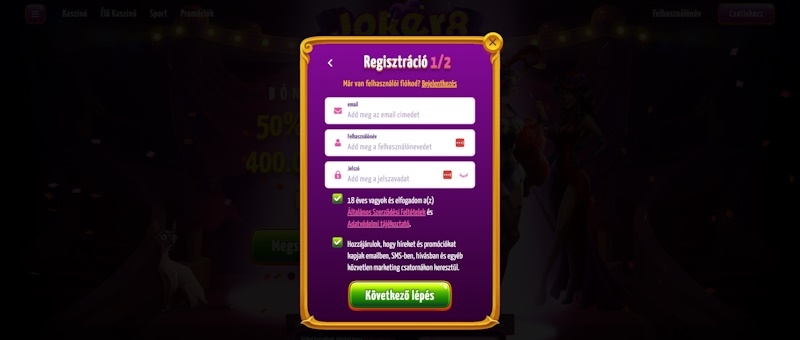 Joker8 regisztráció